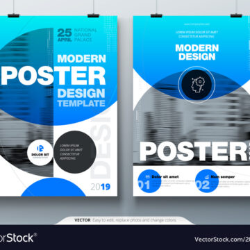 Poster template layout design. Business poster, placard background mockup in bright colors. Vector illustration with blue gradient circle.